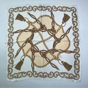 100% Silk Chain Tassel Print Square Scarf Cream Gold New